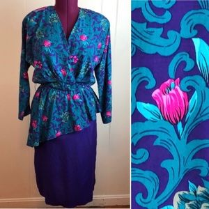 Vintage 80s/90s Deep V Neck Floral Peplum Dress